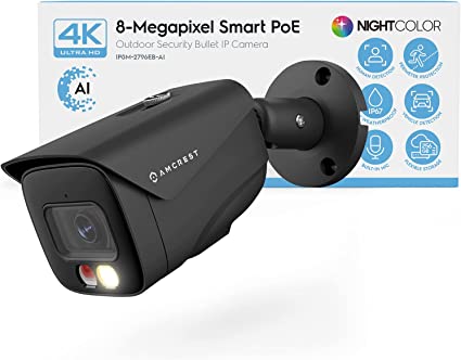 Amcrest 4K IP PoE AI Camera UltraHD 8MP Security Outdoor Camera, FOV 129°, 49ft Color Nightvision, Human & Vehicle Detection, IP67 Weatherproof, 4K (3840x2160) @15fps, Black, IP8M-2796EB-AI