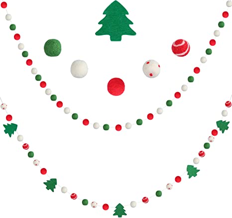 2 Pieces Christmas Felt Ball Garland Banner Christmas Tree Garland Pom Pom Garland Felt Ball Banner Handmade Pom Pom Garland with 65 Pieces Balls and 5 Pieces Christmas Tree Ornaments for Christmas