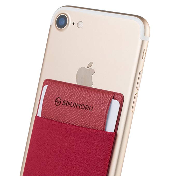 SINJIMORU Credit Card Holder for Back of Phone, Stick on Wallet Functioning as Phone Card Holder, Phone Card Wallet, iPhone Card Holder/Credit Card Case for Cell Phone. Sinji Pouch Flap, Red.