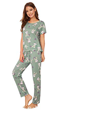 DIDK Women's Cartoon Print Top and Polka Dot Pants Pajama Set