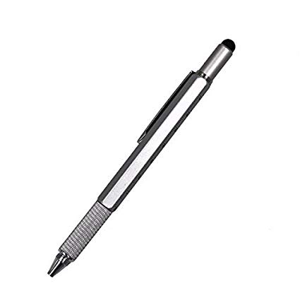 Super 6 in 1 multi-function metal Tool Pen with Ruler,Ballpoint Pen,level,Stylus and 2 Screw Driver, Multifunction Tool pen Fit for Mens Gift (Silver,Rose red,Black,Blue,) (Silver)