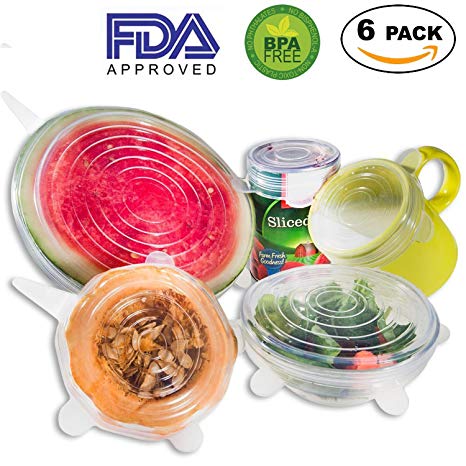 Silicone Stretch Lids, Reusable, Durable, Expandable Covers BPA Free, FDA Approved for Keeping Food Fresh, Dishwasher, Microwave, Freezer Safe, 6-Pack of Various Sizes to Fit Various Shaped Containers