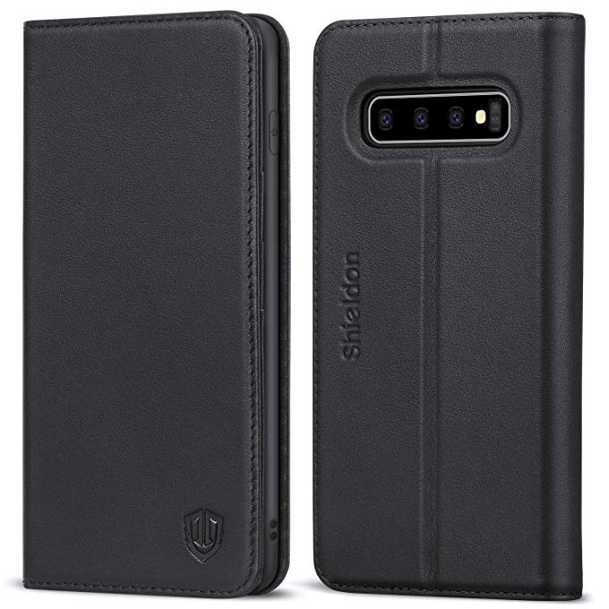 SHIELDON Galaxy S10 Case, Genuine Leather Galaxy S10 Wallet Flip Case Folio Cover Stand Feature with Credit Card Slots Magnetic Closure Compatible with Galaxy S10 (6.1 inch) (2019) - Black