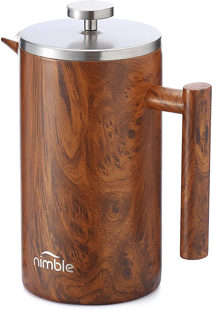 Nimble French Press Stainless Steel Insulated Double-walled Coffee Press, Wood Finish - 34 fl oz. / 1000 ml