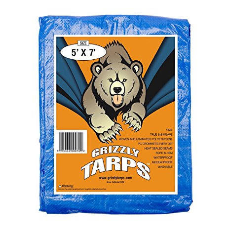 Grizzly Tarps 5 x 7 Feet Blue Multi Purpose Waterproof Poly Tarp Cover 5 Mil Thick 8 x 8 Weave