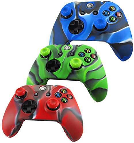 Pandaren® silicone skin for Xbox One controller x 3   thumb grip x 6 (camouflage red green blue)