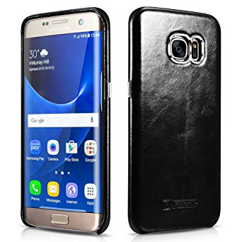 Galaxy S7 Edge Case, Icarercase Vintage Series Genuine Leather Back Cover for Samsung Galaxy S7 Edge 5.5 Inch Ultra Slim Style (Black)