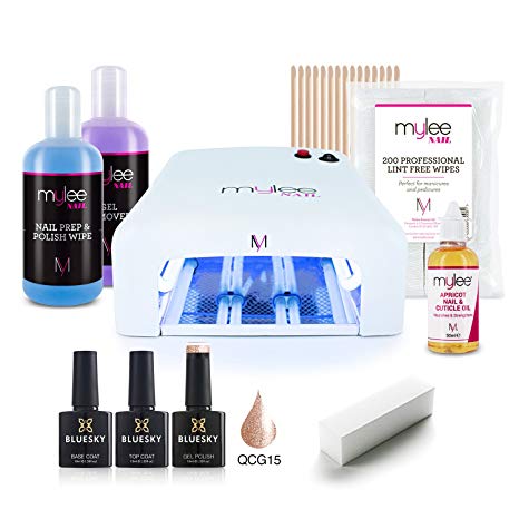 MYLEE 10PC KIT UV 36W Nail Curing Lamp w/BLUESKY Top & Base Coat, Mylee Prep & Wipe   Gel Remover, 1x Gel Polish Colour, Lint-Free Wipes & More, Manicure Starter Set (QCG15 - Rose Gold)