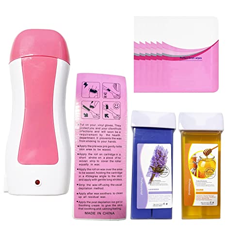 Roll on Wax, Waxing Roller Warmer Kit Hair Removal Larger Areas of the Body Non-Woven Honey Wax Strips & Blue Sensitive Skin at Home Cartridge Depilatory Soft Warmer for Men Women