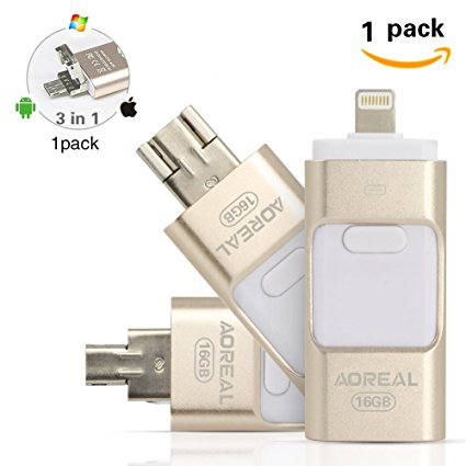 AOREAL 3-in-1 Mobile USB Flash Drive with Lightning Connector for iPhone iPad , iPod Touch 5, iPhone 7,5S ,5C ,6 ,6 Plus,Android system (Gold 16GB)