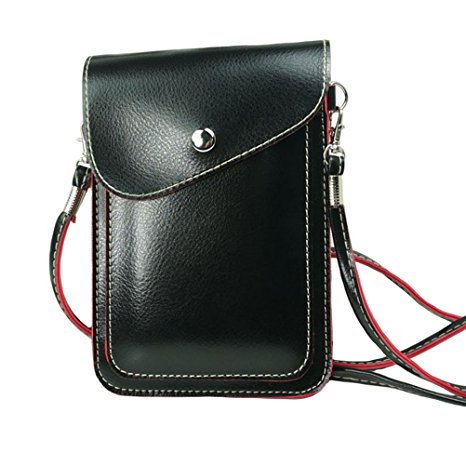 PU Leather 2 Layers Vertical Cellphone Pouch Bag with Shoulder Strap and Magnetic Button for Apple iPhone Samsung Galaxy and Other Smartphone Black