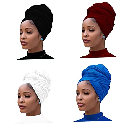 4 Pieces Head Wrap Scarf Stretch Jersey Turban Extra Long Ultra Soft Urban Headwraps for Women Solid Color African Headwear Headband Tie (Black,Royal Blue,Red,White)