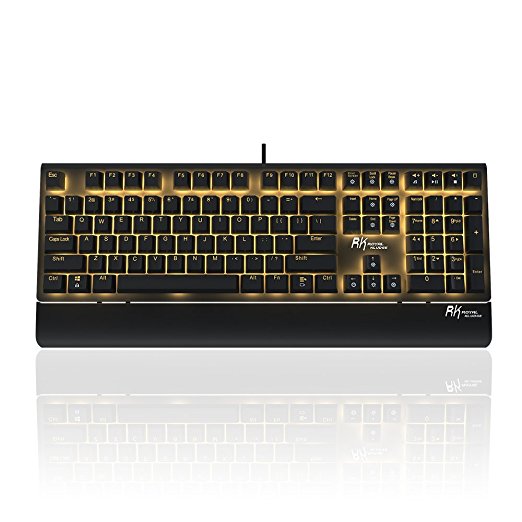 RK ROYAL KLUDGE S108 Anti-ghosting Gold LED Backlit Detachable Wrist Rest USB Wired Mechanical Gaming Keyboard with Blue Switch, Customizable Lighting Effects and 4 Multimedia Keys - Black