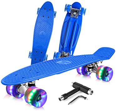 BELEEV Skateboard Complete Mini Cruiser Retro Skateboard for Kids Teens Adults, LED Light up Wheels with All-in-One Skate T-Tool for Beginners