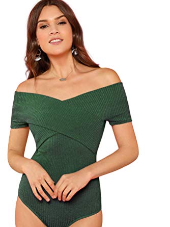 DIDK Women's Off Shoulder Rib Knit Cross Front Bodysuit