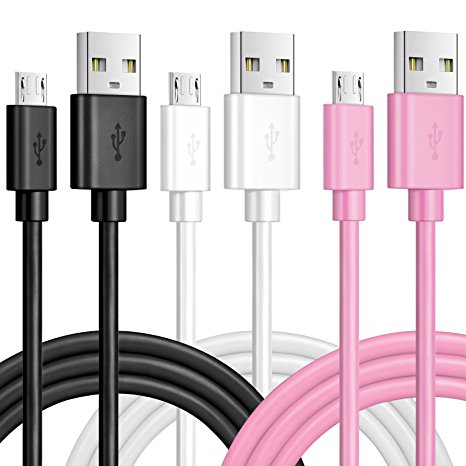 Micro USB Cable, Pofesun 3 Pack Premium 6FT Micro USB Cable Charging & Sync Data Cable Charger Cord for Samsung, Nexus, LG, Motorola, Android Smartphones and More.(Black White Pink)