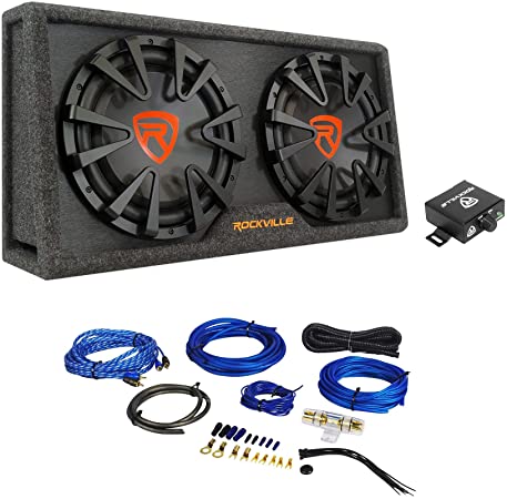 Rockville RG212CA Dual 12 inches Slim Vented Powered Car Subwoofer Enclosure 2000 Watt Bundle with Rockville RWK41 4 Gauge Complete Car Amp Wiring Installation Wire Kit with RCA's