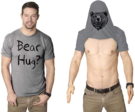 Mens Grizzly Bear Flip T shirt Funny Bear Hug Shirt Humorous Novelty Tee for Men