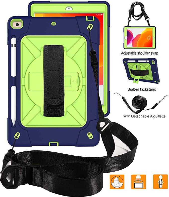 CWNOTBHY iPad 7th Generation Case 10.2 Inch 2019 / iPad 10.2 Case, Heavy Duty Shockproof Protective Case with 360 Rotate Kickstand/Hand Strap/Shoulder Strap (Navy/Green)