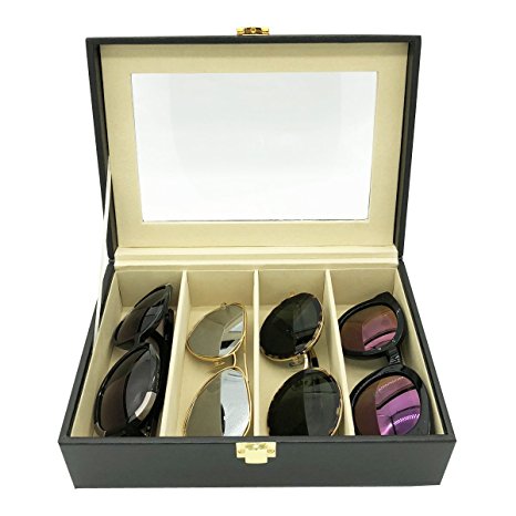 UnionPlus 8-Slot Eyeglass Sunglass Glasses Organizer Collector - Faux Leather Storage Case Box (Black - 4 Slots)