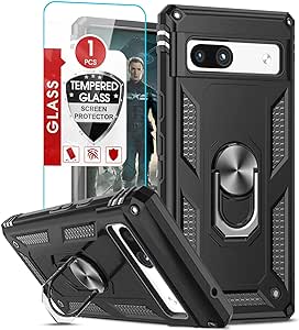 LeYi Rugged Case for Google Pixel 7A with 9H Tempered Glass Screen Protector, Shockproof Military Grade Protective Phone Cover with Ring Stand Holder Black