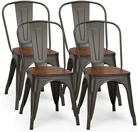 COSTWAY Tolix Style Dining Chairs Industrial Metal Stackable Cafe Side Chair w/Wood Seat Set of 4 (Gun)