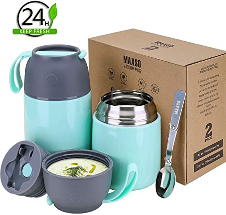 2 Pack Vacuum Insulated Food Jar Hot Food Containers for Lunch School Soup Thermos For Kids,Travel Food Flask Hot Cold (24oz,17oz) (Light Green)