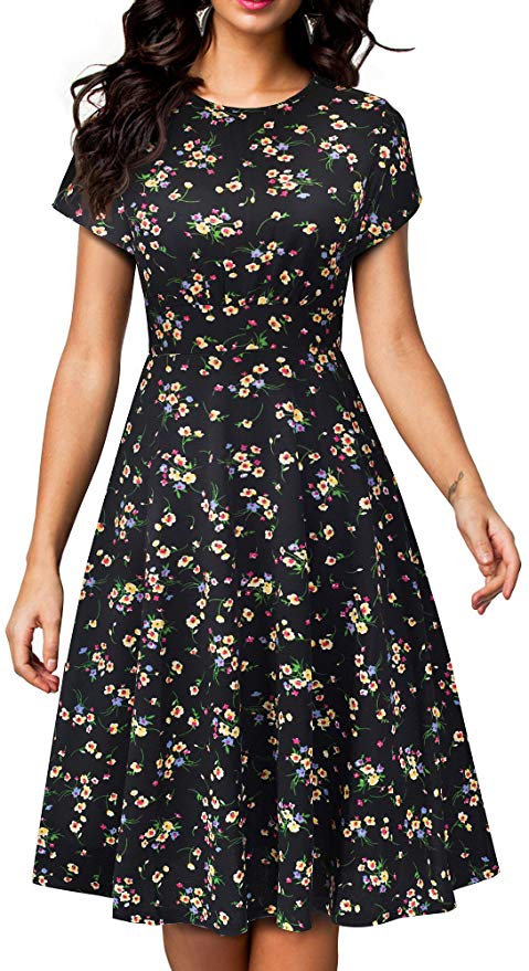 HOMEYEE Women's Short Sleeve Floral Casual Aline Midi Dress A102