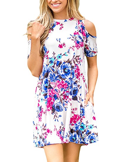 Annflat Women's Summer Floral Print Cold Shoulder Casual Swing Tunic Dress With Pockets