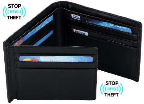 Travelambo RFID Blocking Mens Leather Wallet Flipout ID Bifold Trifold Hybrid Slim (Black)