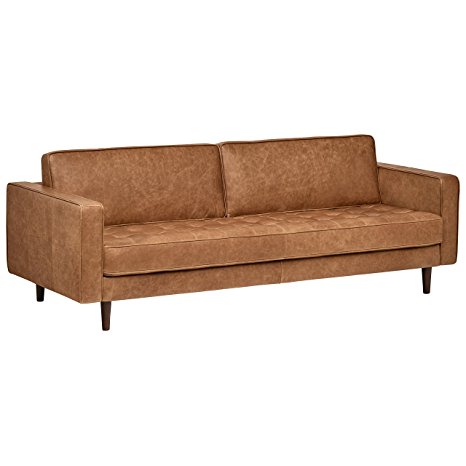 Rivet Aiden Tufted Mid-Century Leather Bench Seat Sofa, Without Side Pillows, 86.6" W, Cognac