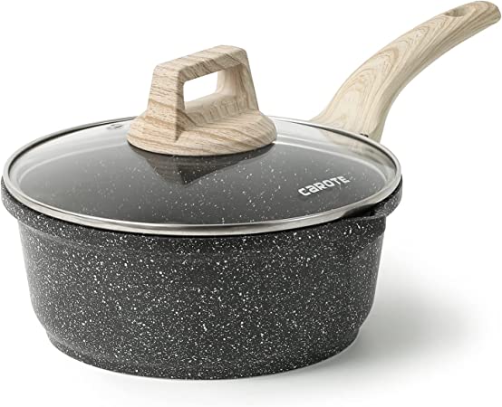 CAROTE 2.2 Quart Saucepan with Lid, Small Nonstick Sauce Pot with Lid, Cooking Sauce Pan with Pour Spout- PFOA FREE