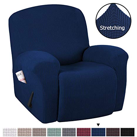 Recliner Chair Cover Rich Jacquard Stretch Sofa Cover 1-Piece Recliner Covers for Large Recliner, Sofa Covers, Furniture Protector with Elastic Bottom, Anti-Slip Foams Attached (Recliner, Navy)