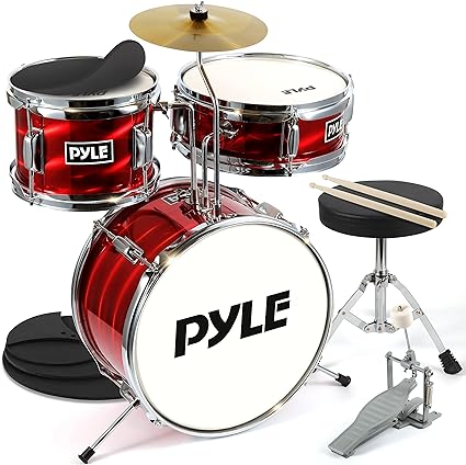 Pyle Kids Drum Set, 3 Piece Beginner Junior Drummer Kit with Cymbal, Adjustable Throne, Mutes, Drumsticks (Red)