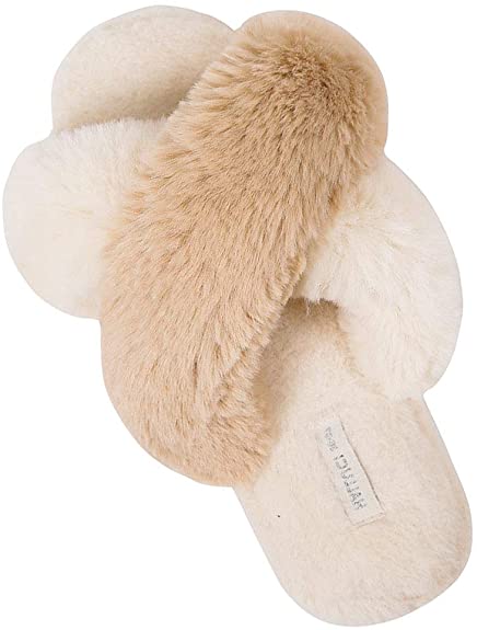 HALLUCI Women's Cross Band Soft Plush Fleece House Indoor or Outdoor Slippers