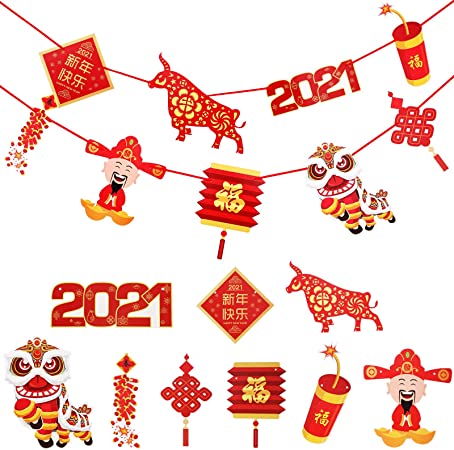 87 Pieces Chinese New Year Decorations Set 45 Chinese New Year Hanging Wall Decor 2 Red Ropes and 40 Glue Point Dots for Year of The Ox Chinese New Year Banner 2021 Spring Festival Party Supplies