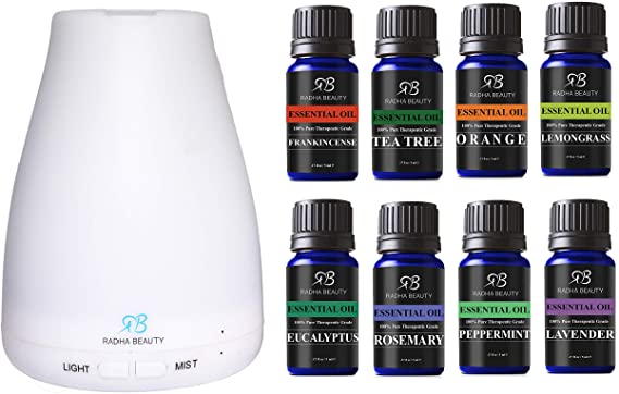 Top 8 Essential Oils Set with 120 ml Diffuser for Aromatherapy by Radha Beauty