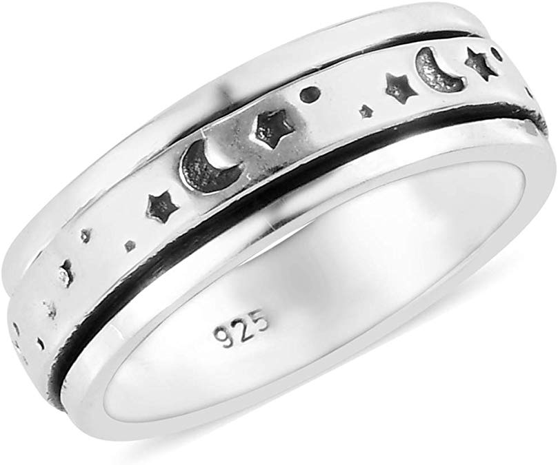 Mens Moon Star Spinner Statement Ring 925 Sterling Silver Boho Handmade Jewelry for Women