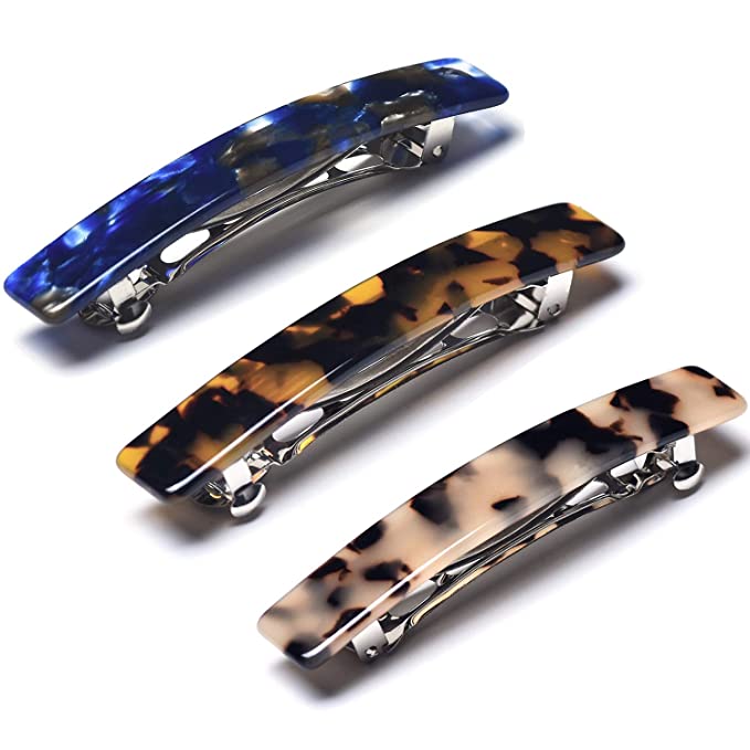 Tortoise Shell Cellulose Acetate Hair Barrettes Medium French Design Rectangular Automatic Hair Clip for Women,3 Pieces/set