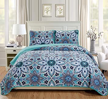 Fancy Linen 3pc King/California King Bedspread Quilt Set Over Size Bed Cover with Flowers Turquoise Navy Blue Grey White New
