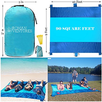 Roman Ventures Oversized Beach Blanket (10'x 9’) AND Compact Outdoor Pocket Blanket COMBO PACK. Premium Ripstop Nylon Outdoor Blanket. Repels Sand And Moisture. Great For Beach, Parks, Picnics, Hiking