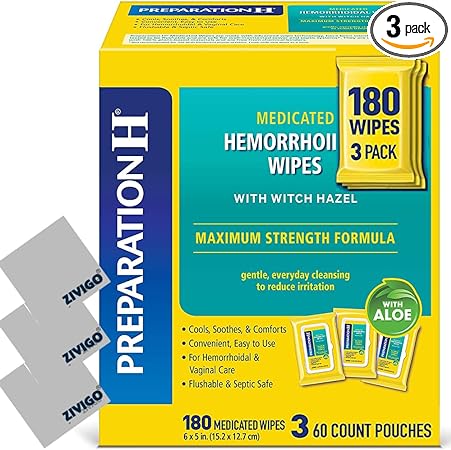 3 PreparationH Medicated Hemorrhoidal Flushable Wipes Maximum Strength Relief with Witch Hazel and Aloe, 60 Ct - Duvilo Bundled with 3 Lens Cleaning Cloth,