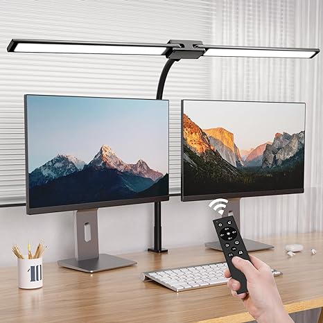 LASTAR LED Desk Lamp with Remote Control ＆ 32.5" Wide Double Head, Architect Desk Lamp for Home Office with Clamp, Timer, 24W Ultra Bright Gooseneck Desk lamp for Computer Reading, Black