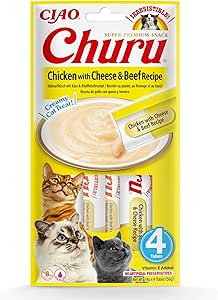 Ciao Churu Sticks by INABA Cat Treat - Chicken with Cheese & Beef Recipe (4 x 14g) / Soft & Creamy Cat Treat, Delicious & Healthy Snack, Purée Food Topper, Pill Assist, Natural, Grain Free