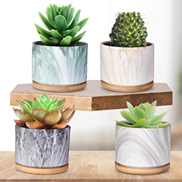 Succulent Pots, 3.5" Succulent Planters with Drainage Hole, Marbling Ceramic Planters, Mini Succulent Plant Pots with Bamboo Tray, Great for Home Decor and Ideal Gift, Set of 4(Plants not Included)