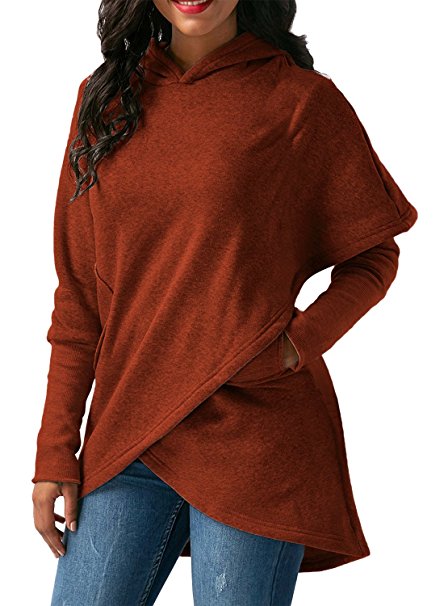 Asvivid Women's Long Sleeve Hooded Sweatshirt Wrap Asymmetric Hem Pullover Hoodies S-XXL