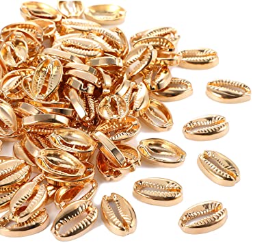 100 Pieces Golden Electroplated Shell Beads Cowrie Shells Seashells for Hawaii Anklet Bracelet, Craft Making, Home Decoration, Beach Party