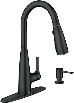 Moen Haelyn Matte Black Single-Handle Pull-Down Sprayer Kitchen Faucet with an LED Light ColorCue Temperature Indicator and Soap Dispenser, 87627EIBL