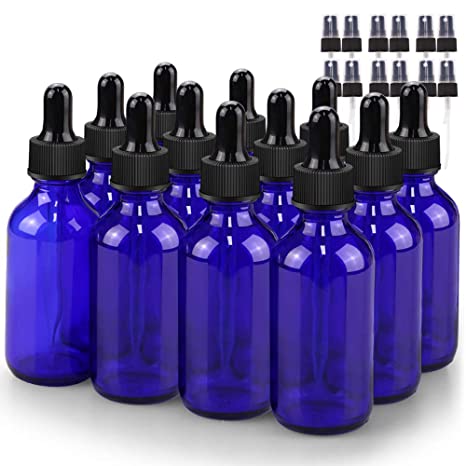 Glass Bottle Set, BonyTek 12 x 2oz Glass Spray Bottle, Blue Glass Eye Droppers Bottles for Watering Flowers Aromatherapy Cleaning and Window Disinfection Dilution Bottles