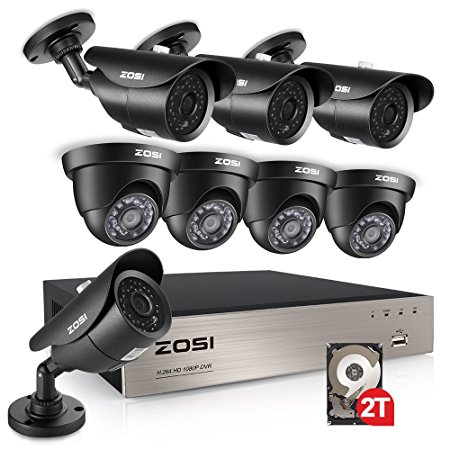 ZOSI 8CH FULL 1080p Outdoor Security Camera System, 8Channel 1080P HD-TVI 4-IN-1 DVR Recorder 2TB Hard Drive ,8 Weatherproof 1920TVL 2.0MP HD Bullet and Dome CCTV Cameras, ,120ft night vision